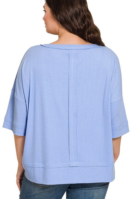 Plus Rib Boat Neck Dolman Sleeve Top w/ Front Seam / BRIGHT MAUVE