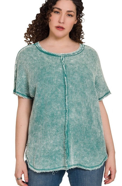 Plus Washed Baby Waffle Short Sleeve Top