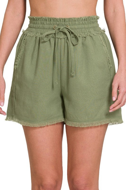 Linen Frayed Hem Drawstring Shorts with Pockets