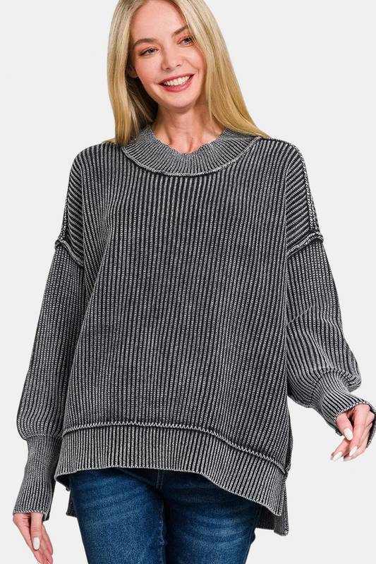 Washed Side Slit Oversized Sweater / BLACK