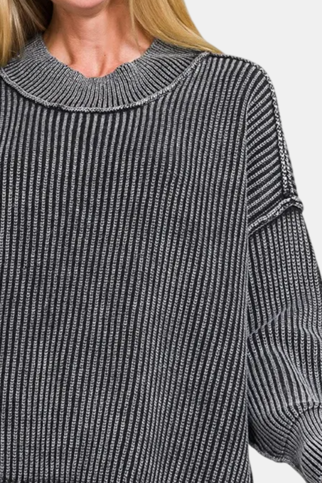 Washed Side Slit Oversized Sweater / BLACK