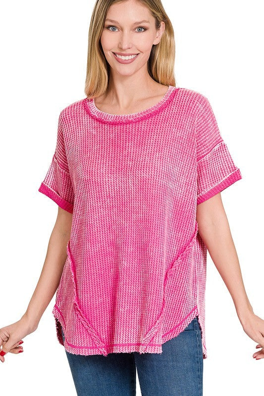 Washed Waffle Rolled Up Short Sleeve Top