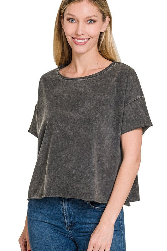 Acid Wash Raw Edge Short Sleeve Crop Top