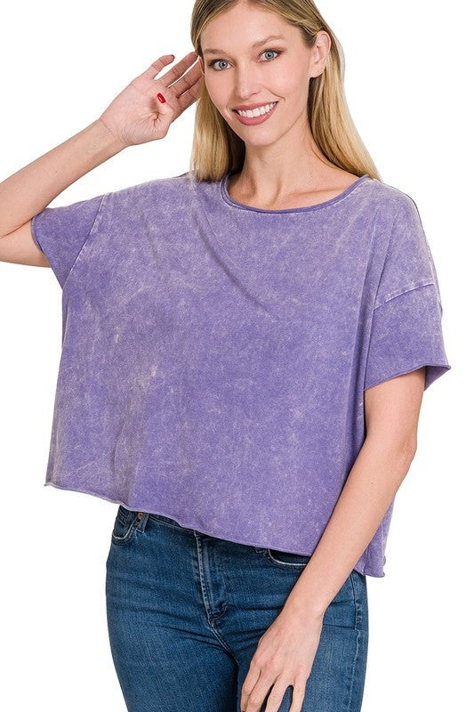 Acid Wash Raw Edge Short Sleeve Crop Top