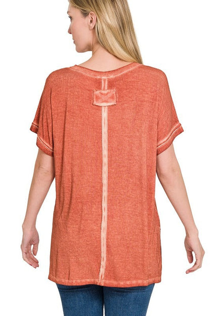 Washed Short Sleeve V-Neck Top W/ Hi-Low Hem