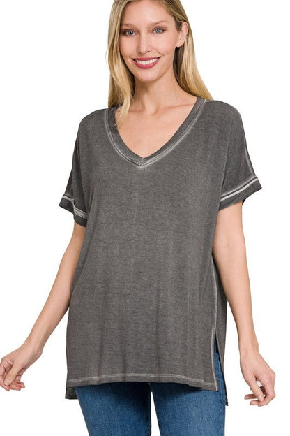 Washed Short Sleeve V-Neck Top W/ Hi-Low Hem