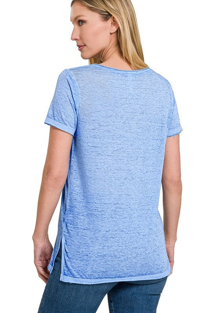 Washed Melange Burnout Scoop V-Neck Top