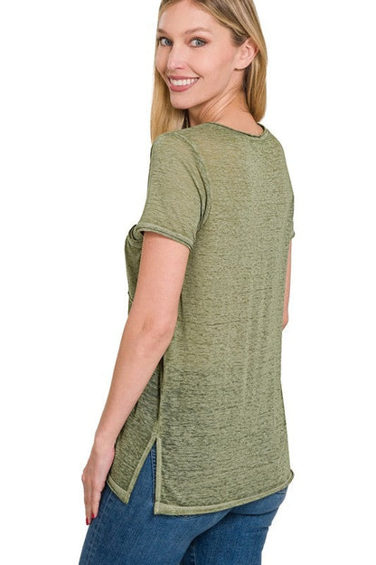 Washed Melange Burnout Scoop V-Neck Top