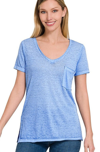 Washed Melange Burnout Scoop V-Neck Top