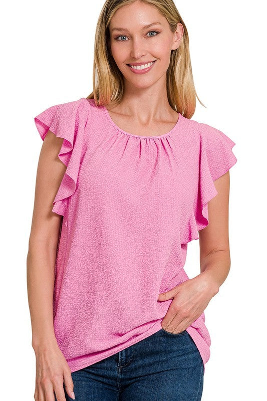 Woven Bubble Airflow Flutter Sleeve Top