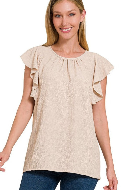 Woven Bubble Airflow Flutter Sleeve Top