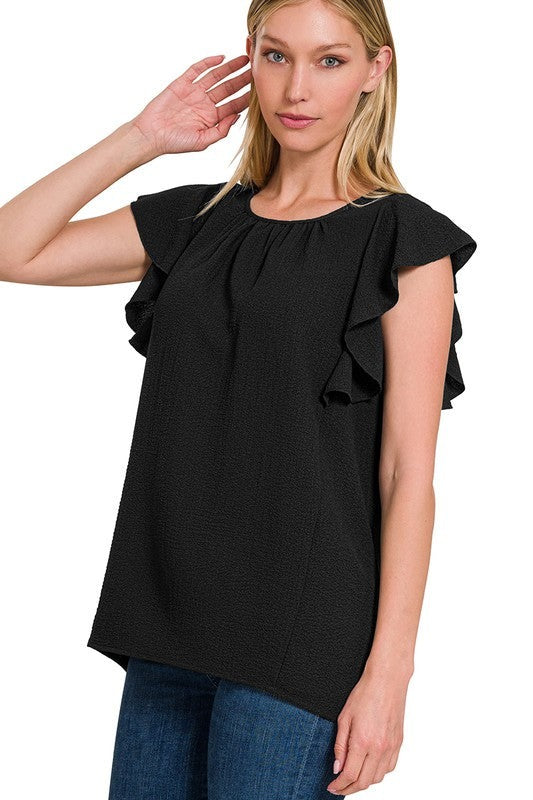 Woven Bubble Airflow Flutter Sleeve Top