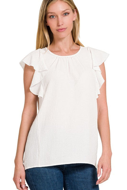 Woven Bubble Airflow Flutter Sleeve Top