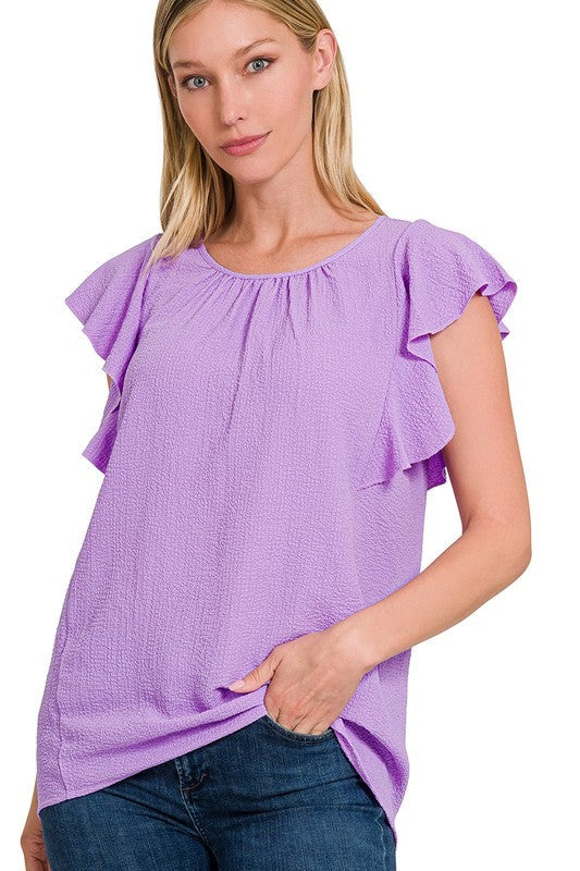 Woven Bubble Airflow Flutter Sleeve Top