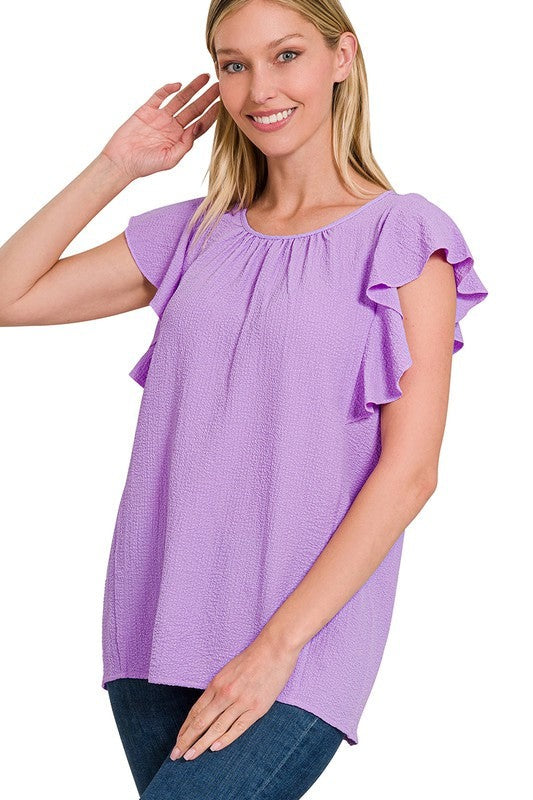 Woven Bubble Airflow Flutter Sleeve Top