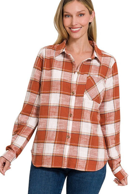 Cotton Plaid Shacket With Front Pocket
