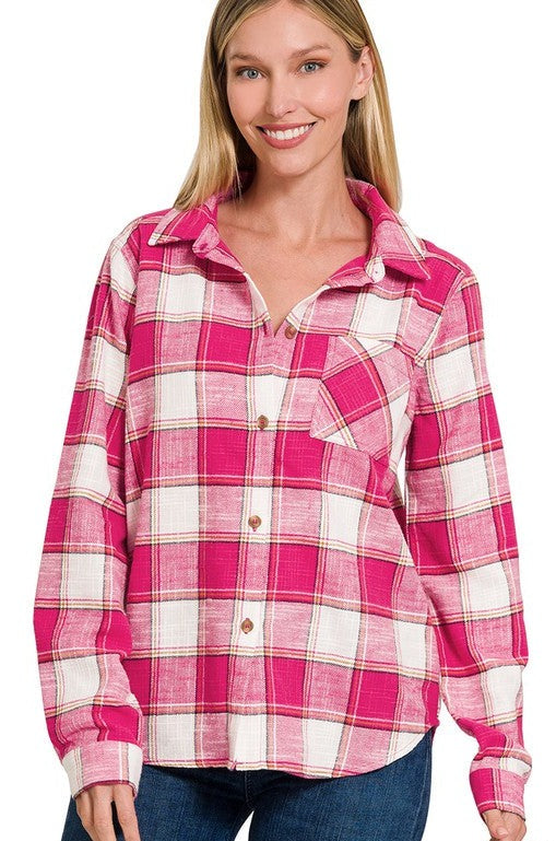 Cotton Plaid Shacket With Front Pocket