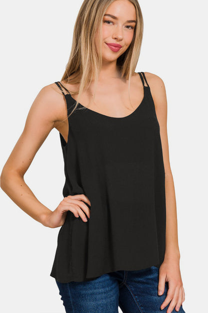 Woven Crinkle Double Spaghetti Strap V-Neck Cami Top