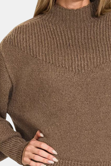 Balloon Sleeve Mock Neck Sweater / BROWN