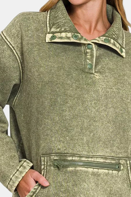 Fleece Washed High Neck Kangaroo Pocket Pullover / LT OLIVE