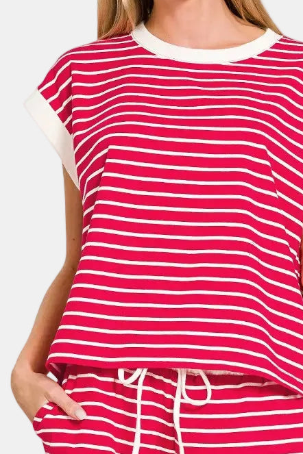 Stripe Contrast Trim Top & Shorts Set / RUBY