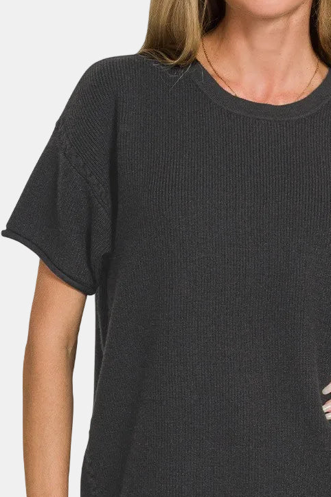 Viscose Round-Neck Short Sleeve Sweater / BLACK