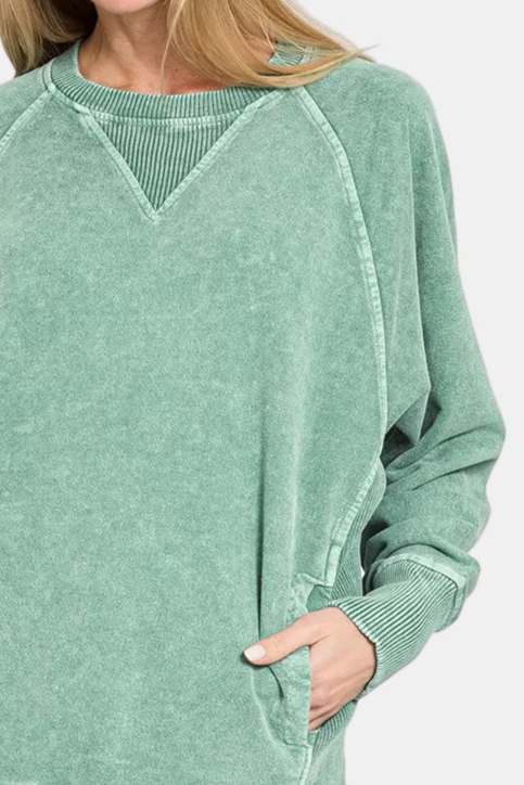 Halo Washed French Terry Round Neck Pullover / DK GREEN