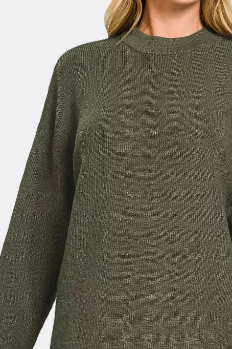 Round Neck Sweater & Sweater Shorts Set / DK OLIVE