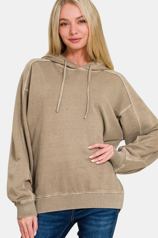 French Terry Pigment Dye & Enzyme Washed Hoodie / MOCHA