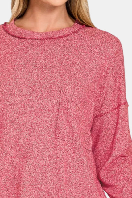 Soft Melange Hacci Round-Neck Long Sleeve Tee / DK RED