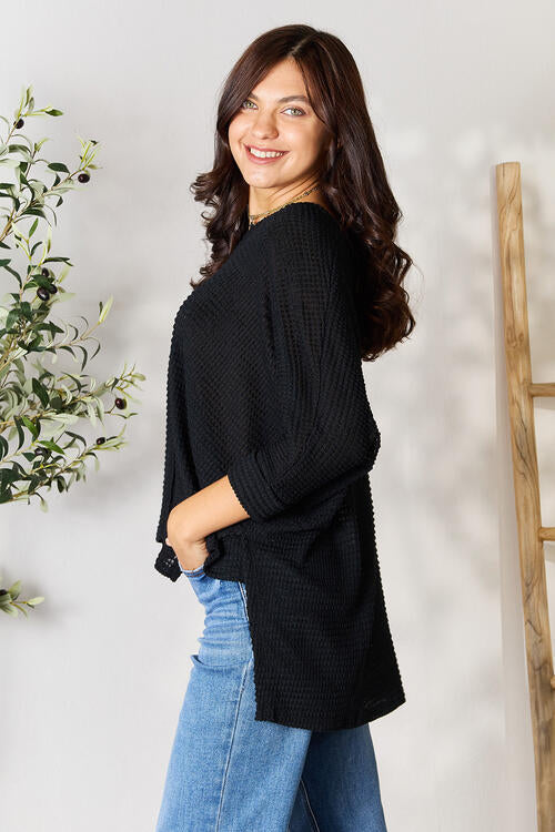 3/4 Sleeve V-Neck Hi-Low Hem Jacquard Sweater / BLACK
