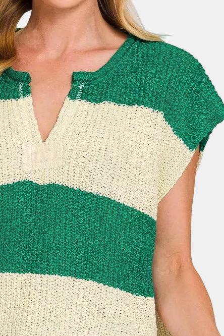 Split Neck Sleeveless Stripe Sweater / K GREEN