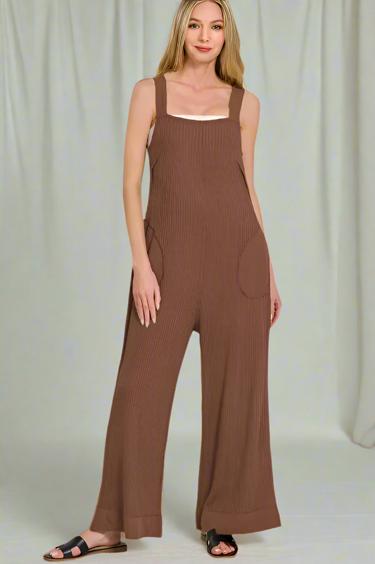 Knit Waffle Wide Leg Overalls / BROWN