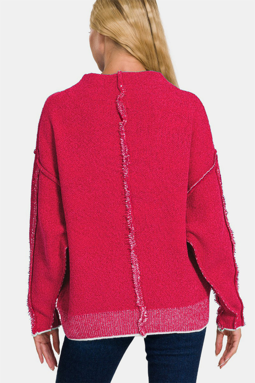 Oversized Mock Neck Raw Seam Chenille Sweater