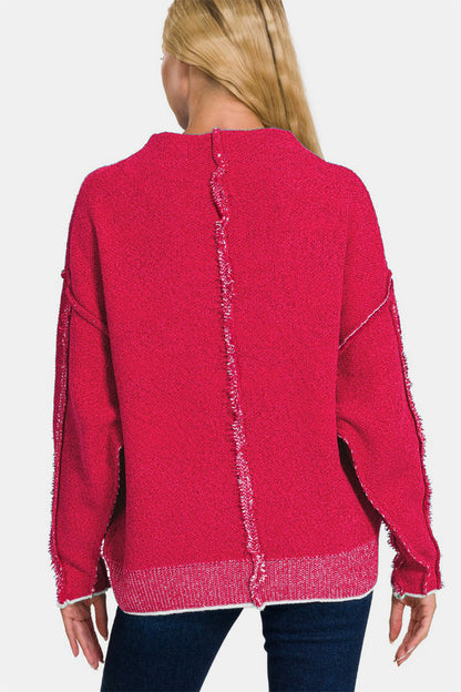 Oversized Mock Neck Raw Seam Chenille Sweater