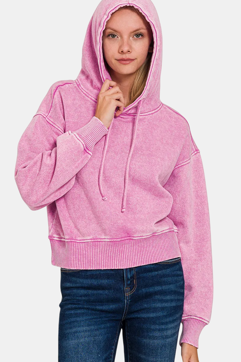 Acid Wash Fleece Cropped Hoodie / MAUVE