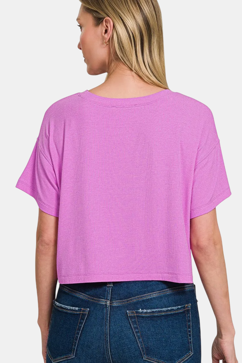 Ribbed Round-Neck Crop Box Tee / BRIGHT MAUVE