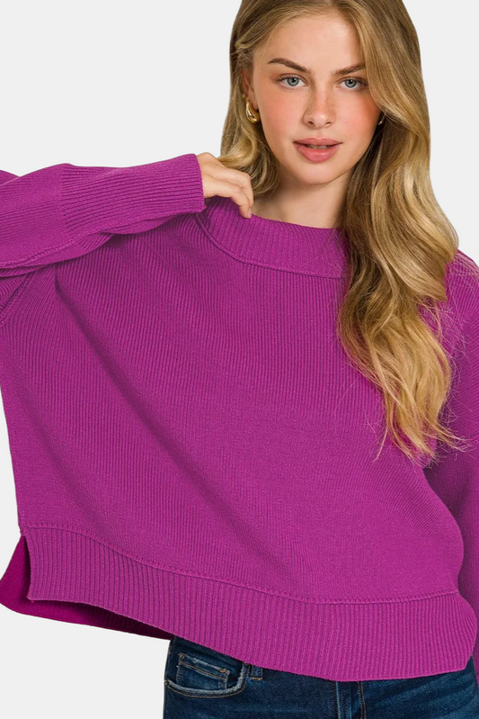 Wide Neck Band Drop Shoulder Sweater / LT PLUM