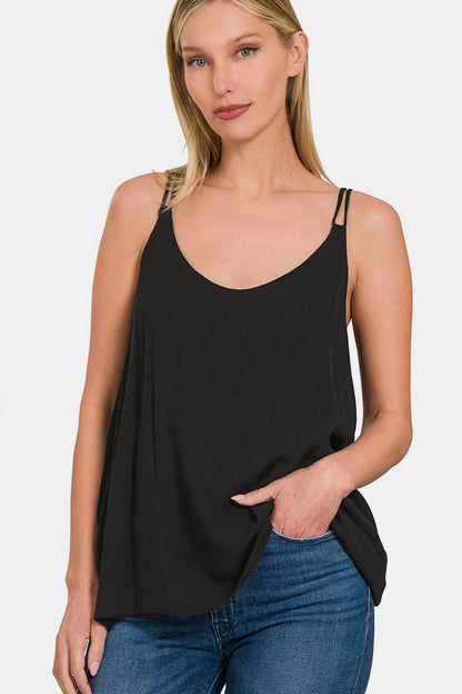 Woven Crinkle Double Spaghetti Strap V-Neck Cami Top