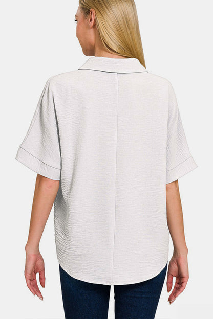 Woven Airflow Collared V-Neck Short Sleeve Top