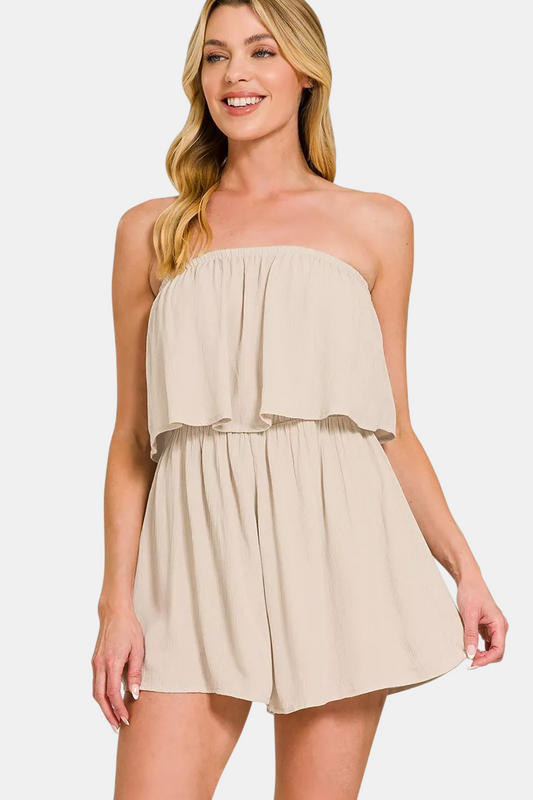 Woven Crinkle Strapless Romper / SAND BEIGE