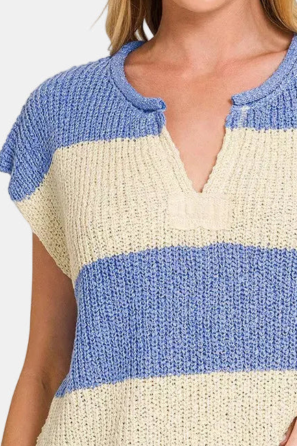 Split Neck Sleeveless Stripe Sweater / CORNFLOWER BLUE