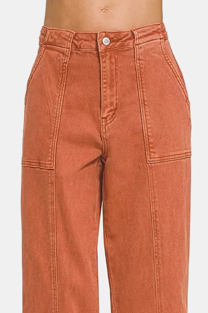 Straight Leg Utility Pocket Color Denim Pants / RUST