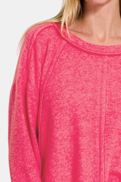 Brushed Hacci Exposed Seam Hi Low Sweater / HOT PINK
