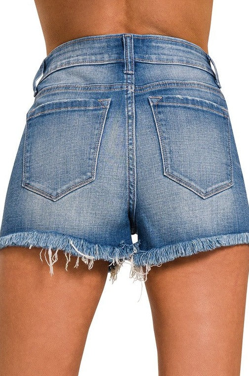 Mid Rise Raw Frayed Hem Denim Shorts