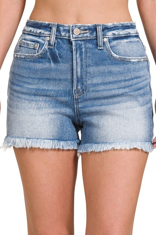 Mid Rise Raw Frayed Hem Denim Shorts