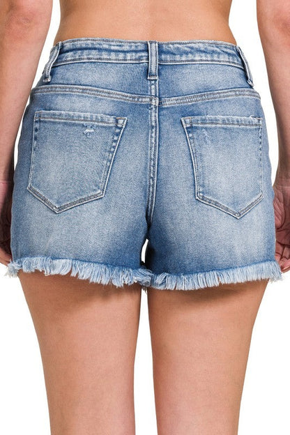 Mid Rise Raw Frayed Hem Denim Shorts