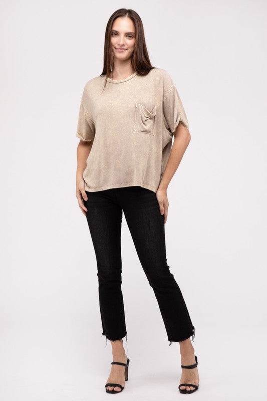 Washed Ribbed Cuffed Short Sleeve Round Neck Top / ASH MOCHA
