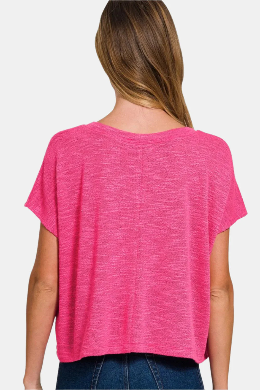Hacci Slub V-Neck Drop Shoulder Crop Top / BRIGHT MAUVE