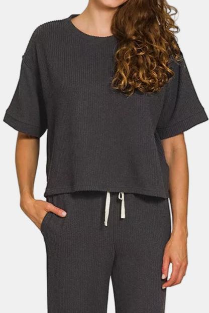 Raised Rib Short Sleeve Tee & Pants Set / BLACK